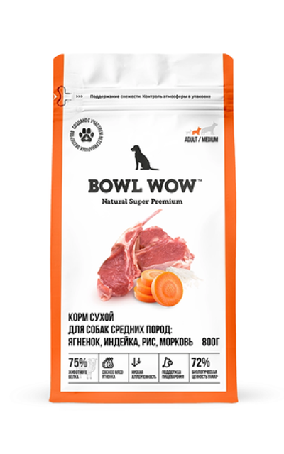 Bowl wow корм сухой для взрослых собак средних пород с индейкой,ягненком,рисом и морковью