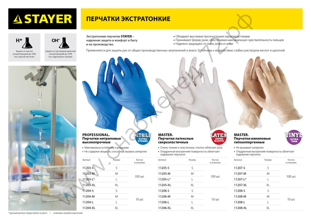 STAYER р.XL, экстратонкие, 10 шт., латексные перчатки (11206-XL)