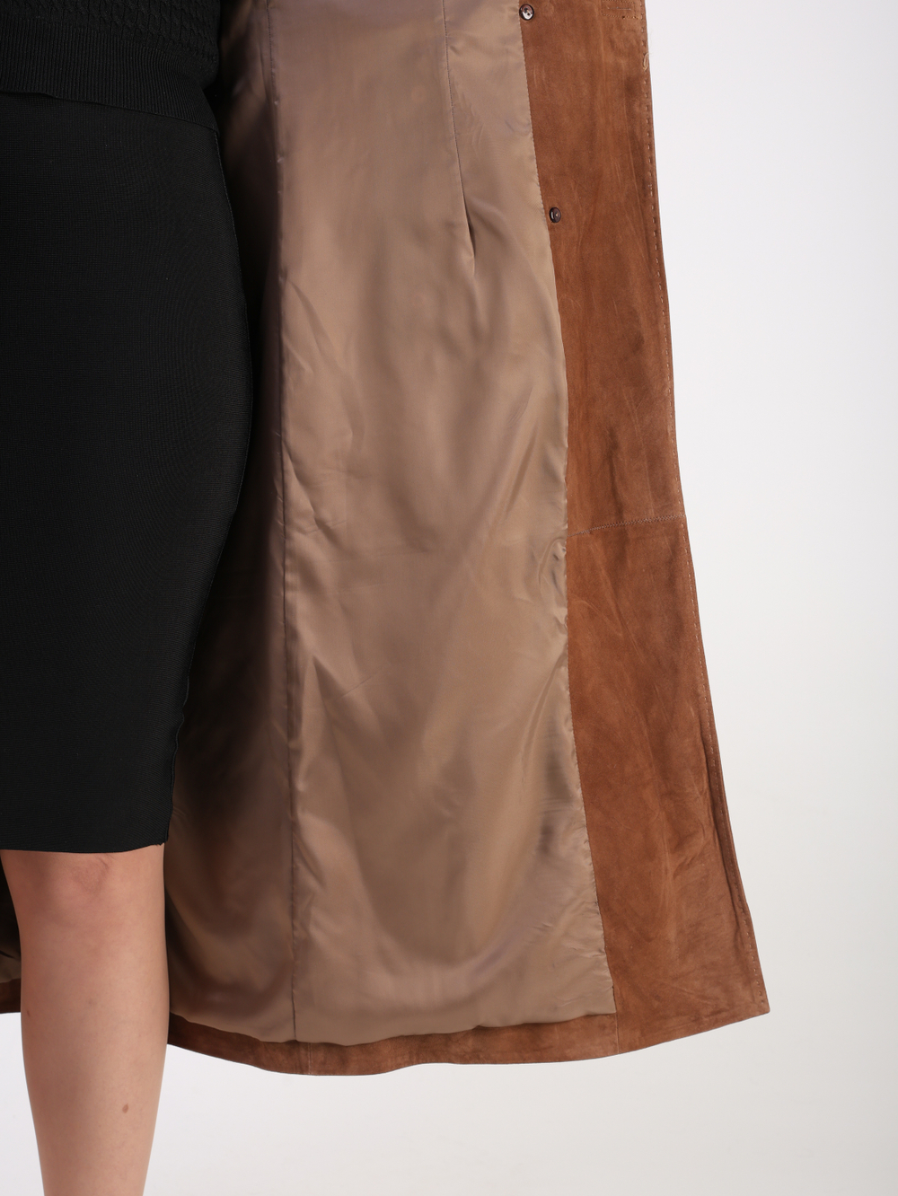 Тренч длинный кожаный с поясом плащ замшевый