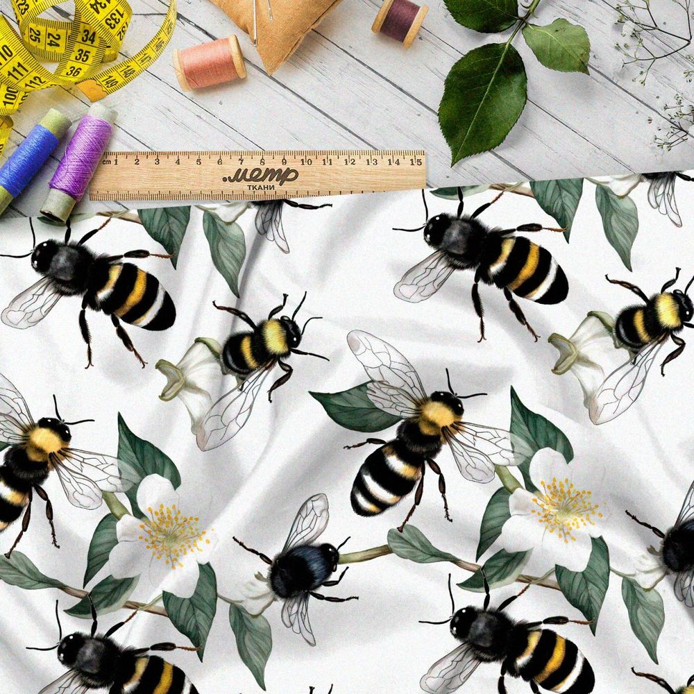 Ткань премиум шифон пчелы в цветах