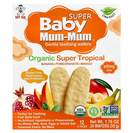 Hot Kid, Baby Mum-Mum® Super, нежные вафли для прорезывания зубов, для малышей, органические тропические фрукты, 12 пакетиков по 2 вафли