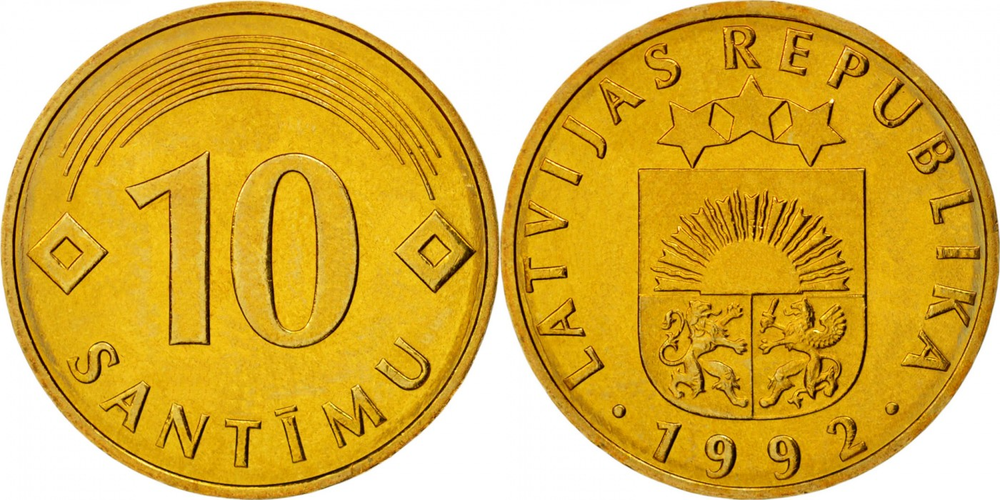 Латвия 10 сантимов, 1992 Герб XF