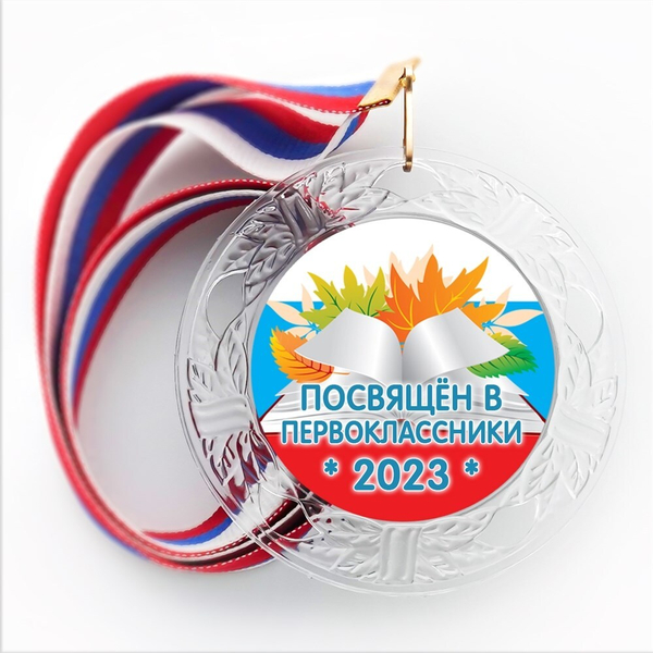 Медаль "Посвящение в первоклассники" (17) Медали. диаметр 74 мм Медаль и лента триколор