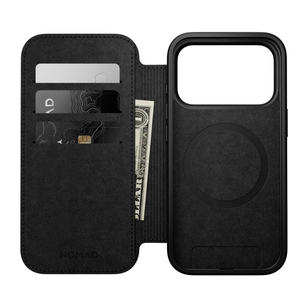 Кожаный чехол-книжка MagSafe Nomad Modern Leather Folio для iPhone 17 Pro Гибридный укреплённый чехол из натуральной цельнозерновой кожи с сенсорной накладкой для Контроллера камеры. Есть отделение для купюр и встроенный картхолдер — вмещает до трёх карт