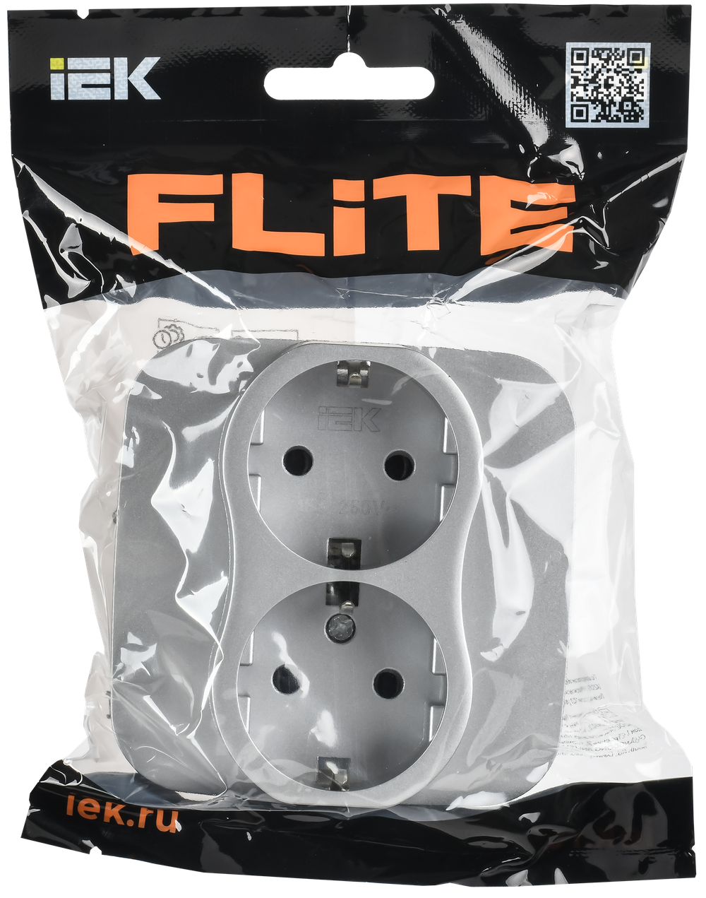 FLITE Розетка 2-местная с заземлением без защитных шторок безвинтовое крепление 16А РС12-1-А-ФлА алюминий IEK