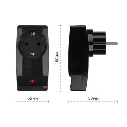Разветвитель электрический ЭРА SP-1e-USB-B на 1 розетку + 2 USB с заземлением 16А черный | Тройники