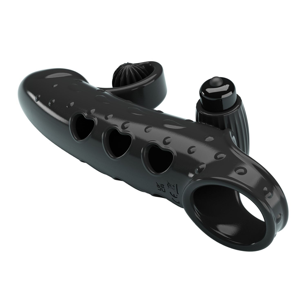 Черная вибронасадка на пенис с подхватом мошонки - 20 см. (Цвет: черный)