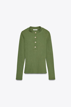 ZARA ФУТБОЛКА ИЗ РИФЛЕНОГО ТРИКОТАЖА С ПУГОВИЦАМИ, ЗЕЛЕНЫЙ/ЭКРЮ