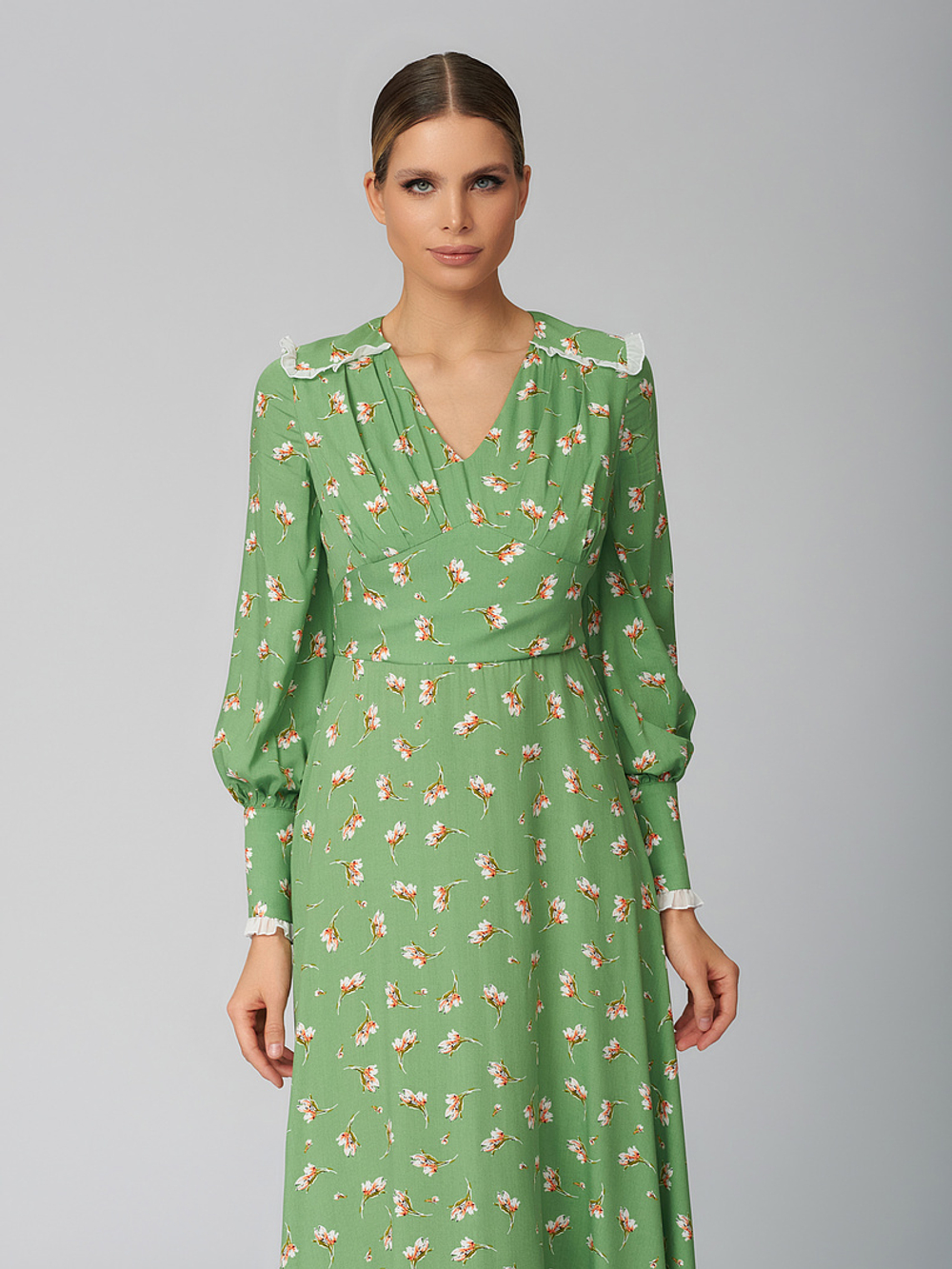 Платье миди с манжетами и отделкой рюши