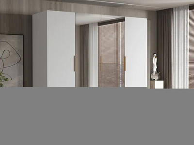 Распашной четырехсекционный шкаф Эмма (с 2 зеркалами и 2 ящиками) с золотыми ручками Белый снег 8685 BS  220*50*220