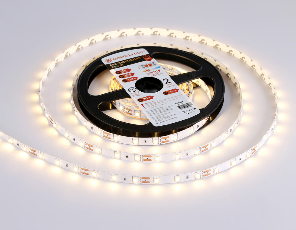 Светодиодная лента GS1001 2835 60Led/ 4.8W m/ 12V IP20 3000K/ 5000*8*1.2mm/ кратность резки 50mm (2 конт.)