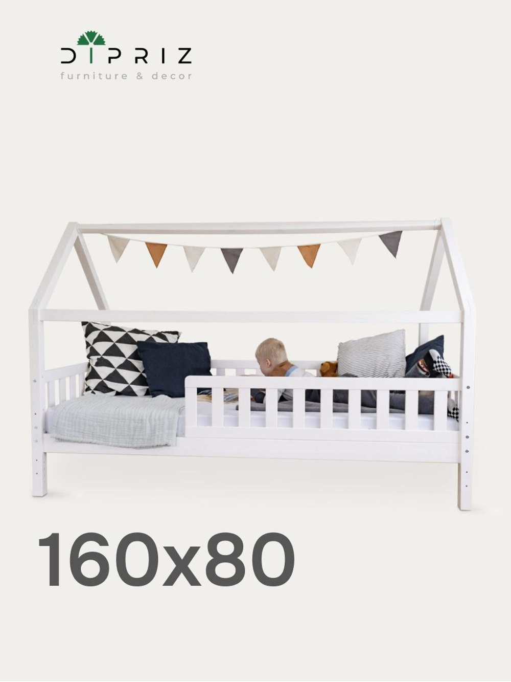 Кровать-домик односпальная 80х160х134 с настилом, белый воск