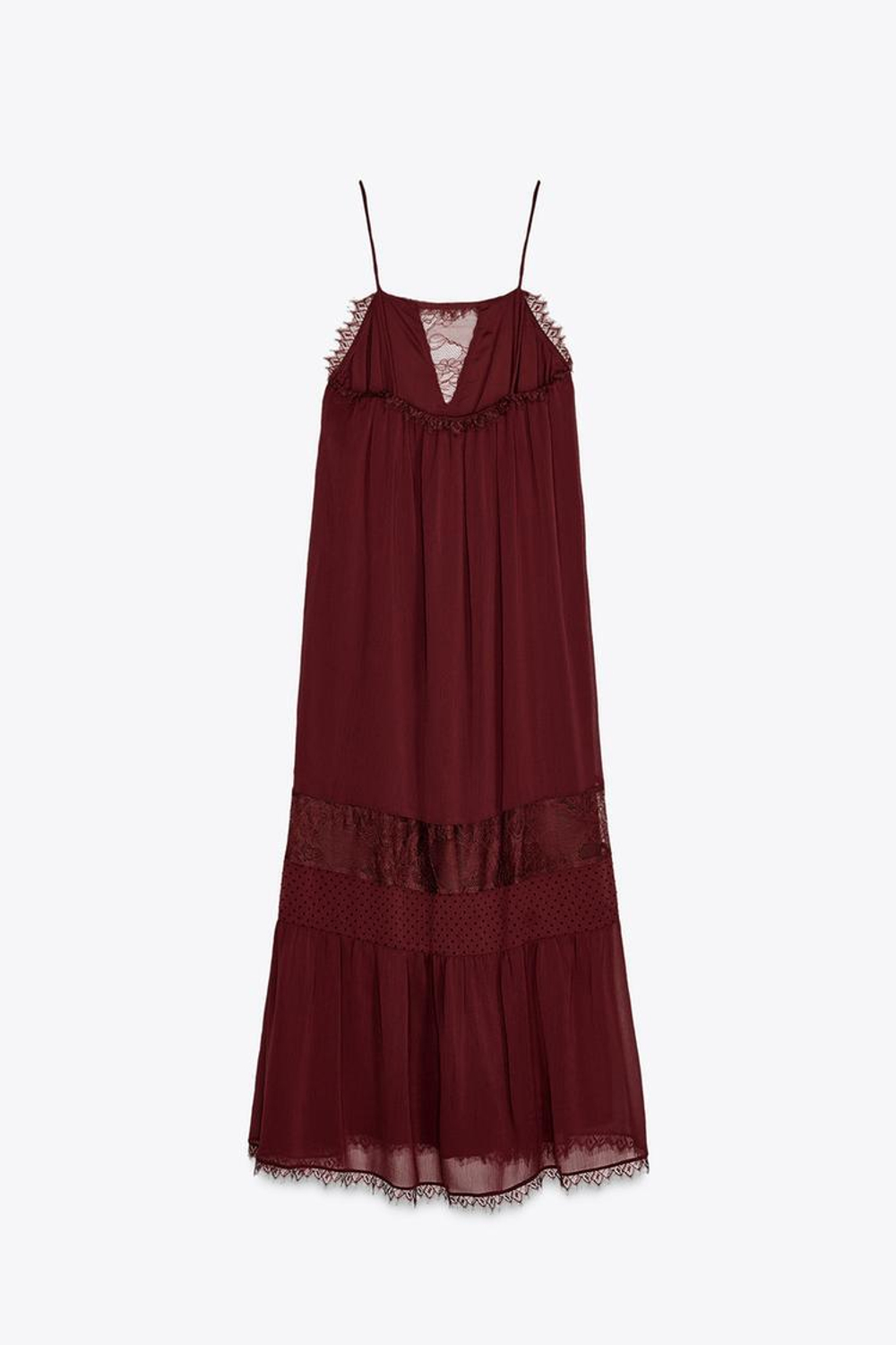 ZARA ПЛАТЬЕ МИДИ С КОНТРАСТНЫМ КРУЖЕВОМ, ЦВЕТ БУРГУНДСКОГО ВИНА