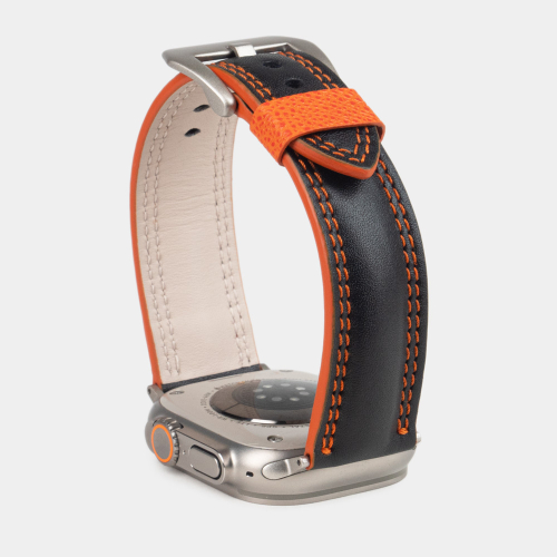 Ремешок для Apple Watch Ultra 49mm из кожи теленка черного цвета с оранжевой строчкой