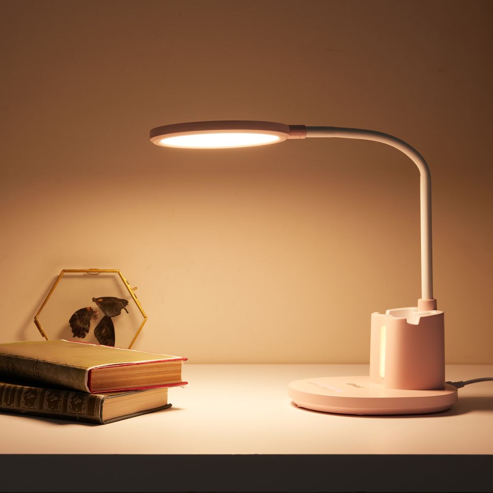 ULM-D150 15W-3000-6500K-DIM PINK Светильник настольный светодиодный с подставкой под телефон и канцелярские принадлежности. С ночной подсветкой. Сенсорный выключатель. Диммер. Розовый. TM Uniel