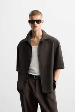 ZARA РУБАШКА RELAXED FIT ИЗ СТРУЯЩЕЙСЯ ТКАНИ, ШОКОЛАДНЫЙ