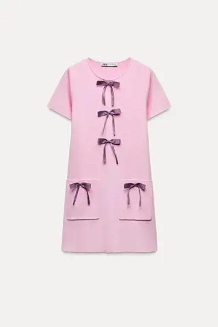 ZARA ПЛАТЬЕ ИЗ ТРИКОТАЖА С БАНТАМИ, РОЗОВЫЙ