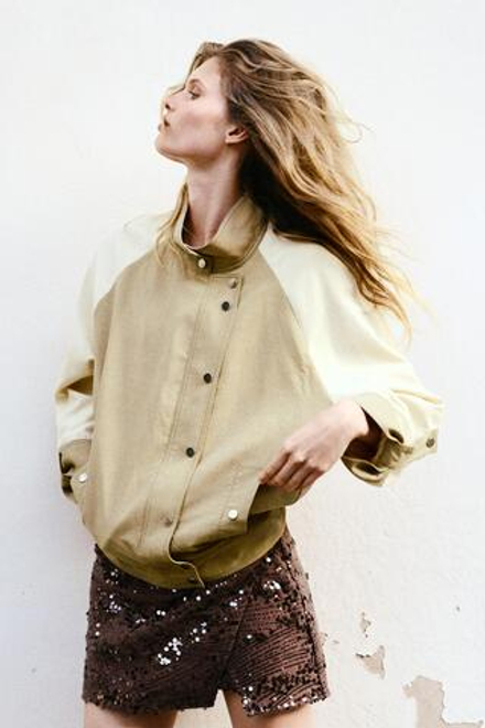 ZARA КОМБИНИРОВАННАЯ СТЕГАНАЯ КУРТКА, ПЕСОЧНЫЙ
