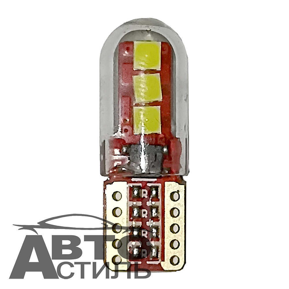 Светодиод 12V T10  6SMD 5730 WHITE CAN FLS35-BLG (без цок) ОБМАН 6SMD СТЕКЛЯННАЯ КОЛБА на красн фоне