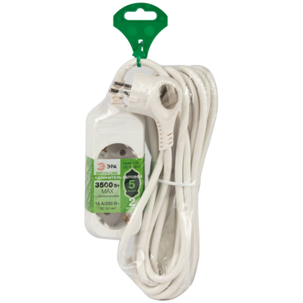 Удлинитель электрический ЭРА UDL-16-250-E Greenline 2 розетки с заземлением 5м ПВС 3x1мм2