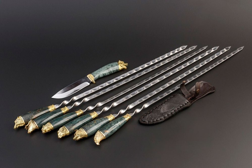 Подарочный набор шампуров "Премиальный", Карельская береза, чехол из натуральной кожи