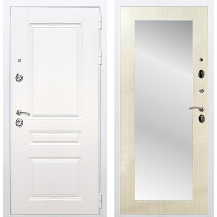 Входная металлическая белая дверь с зеркалом RеX (РЕКС) Премиум H белая ФЛ-243 силк сноу /  Пастораль лиственница бежевая