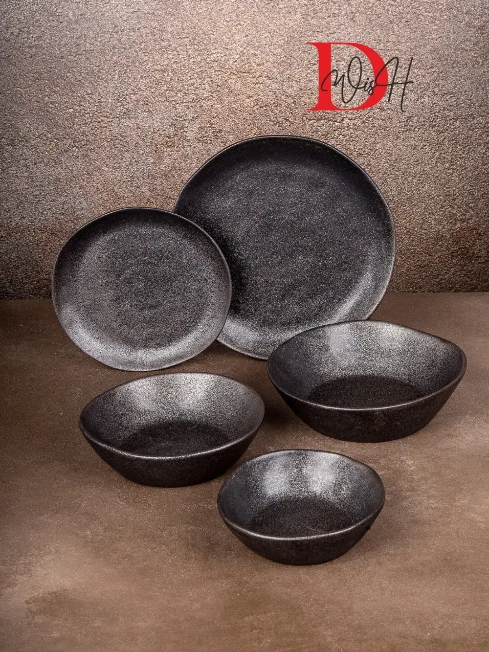 Набор из 6 тарелок 28 см мятый фарфор черная плоская