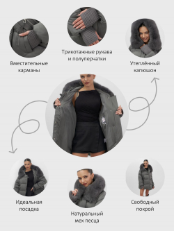 Куртка зимняя женская с мехом и капюшоном тренд темно-серого цвета 7658TC