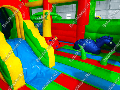 Надувной батут "Страна Сафария" с крышей и высокими горками,зеленый, 11*6*6