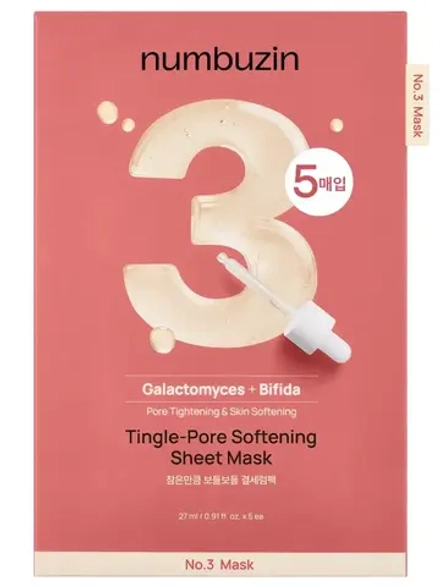 Numbuzin Тканевая маска с галактомисисом и постбиотиками для сужения пор No.3 Tingle-pore Softening Sheet Mask 27 мл х 5 шт