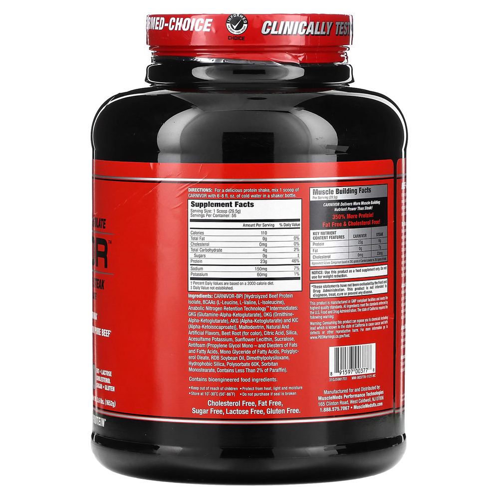 MuscleMeds, Carnivor, изолят говяжьего белка, полученный с помощью биоинженерии, со вкусом клубники, 1652 г (3,6 фунта)