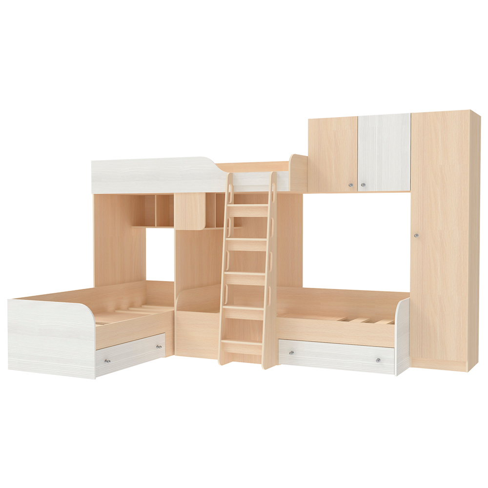 Кровать-чердак КарИВи Трио 2  Дуб Молочный Белое Дерево