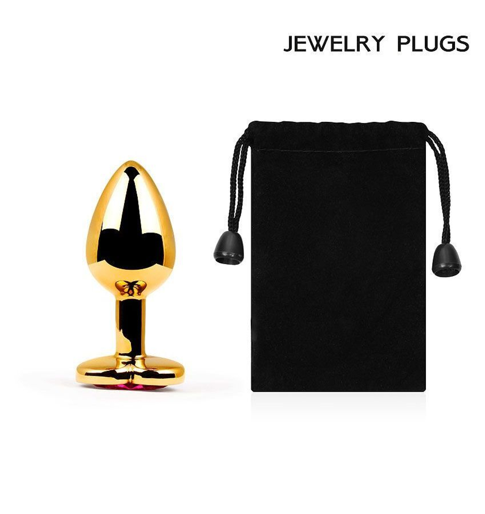 Золотистая анальная пробка с малиновым кристаллом-сердечком - 7 см. (Цвет: малиновый)