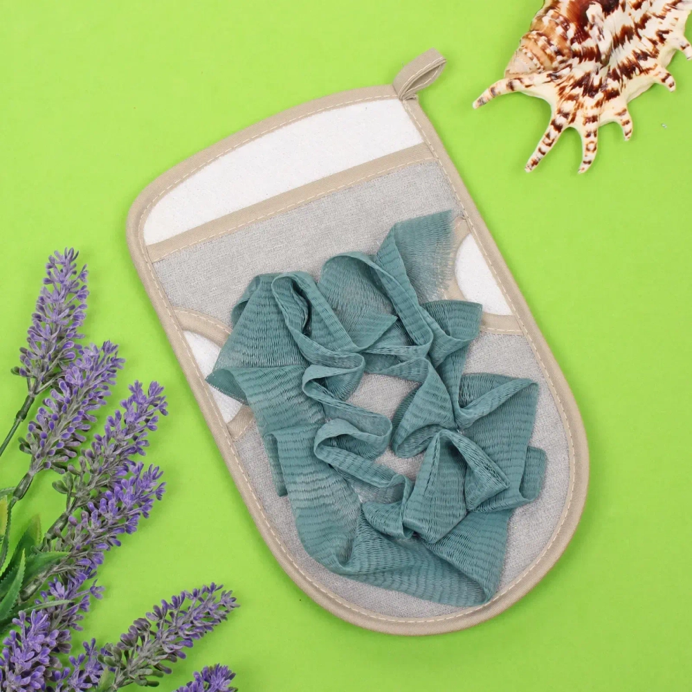 Мочалка - варежка с нейлоном «Premium - Paradise», цвет серый / синий, 22*14см (ZIP пакет)