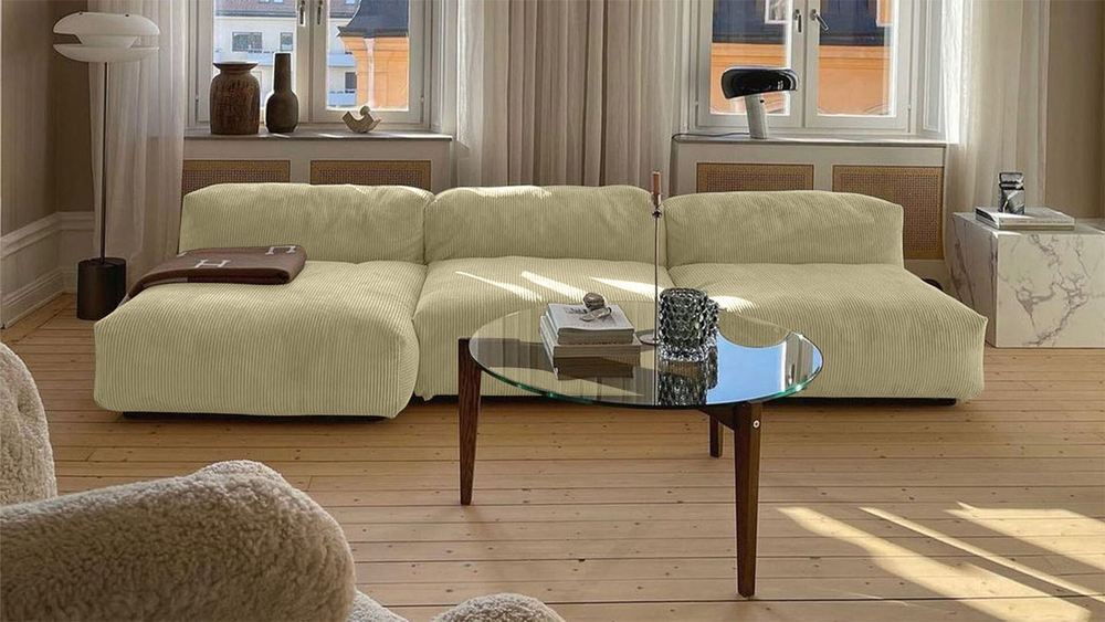 Диван с оттоманкой Фиджи (малый) Cilium Cream 315*137*62 см, Кремовый Вельвет Нераскладной Фиеста