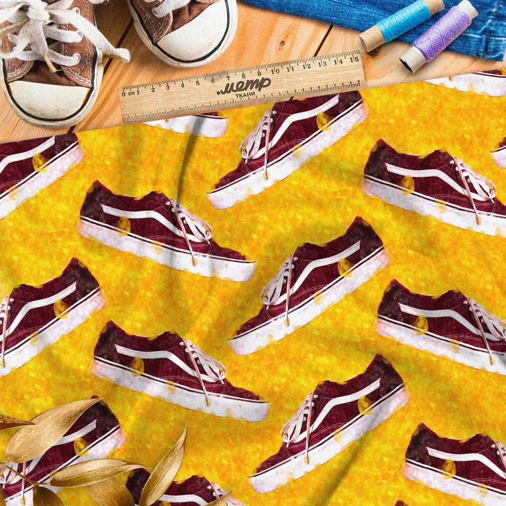 Ткань лён красные конверсы на жёлтом фоне