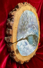 Зимний ручей - картина маслом на срезе дуба с корой | Художница Ольга Ефимова