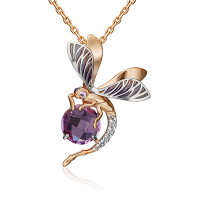 Подвеска «Стрекоза» из комбинированного золота с аметистом, натуральными топазами white и эмалью 03-3144-00-225-1111-57
