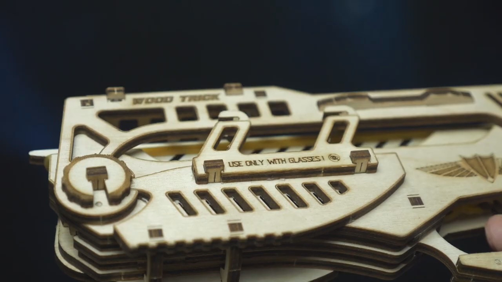 Кибер Пистолет с мишенями от Wood Trick - Деревянный конструктор, резинкострел, сборная модель, 3D пазл