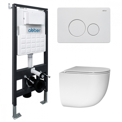 Комплект подвесной унитаз ABBER Bequem AC1132TC белый, с закрытым дном с инсталляцией AC0105 и кнопкой AC0121MW белая матовая