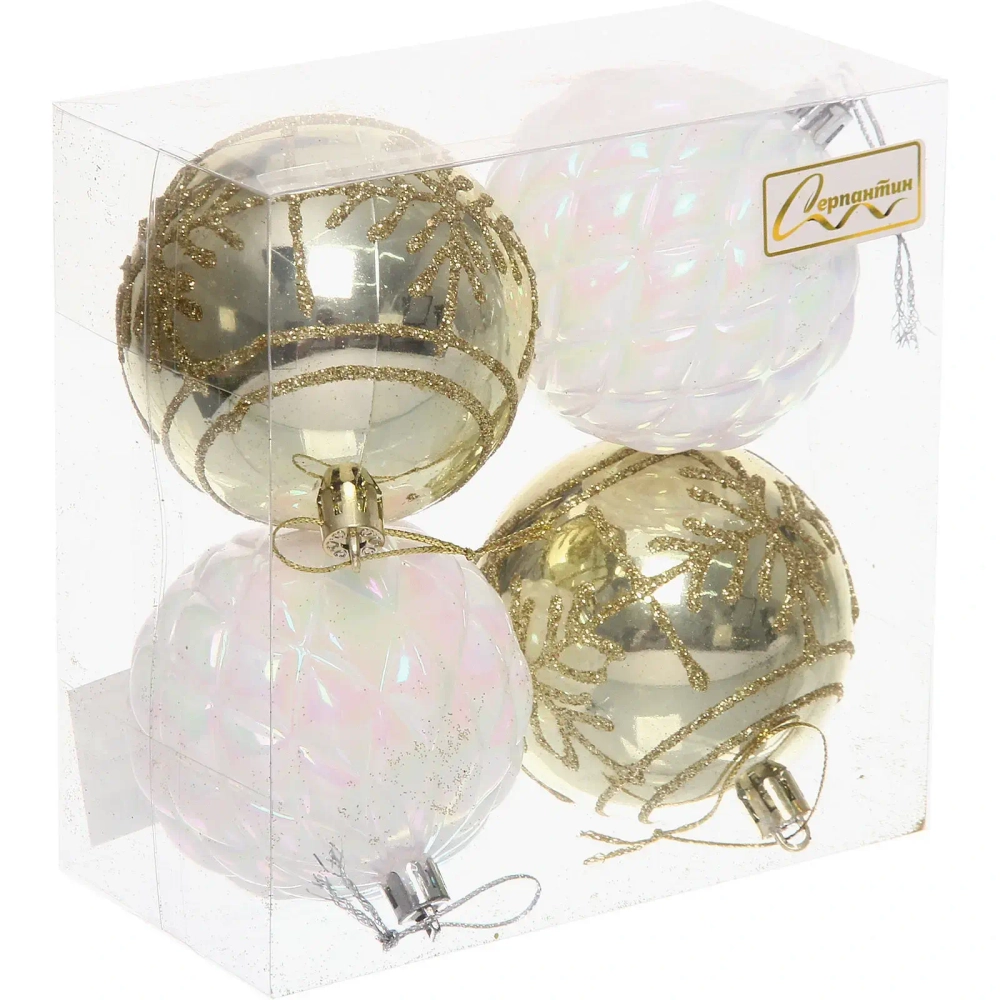 Набор шаров «Метелица» 7 см (в наборе 4 шт), Белый, золото