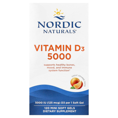 Nordic Naturals, Витамин D3 5000, апельсин, 125 мкг (5000 МЕ), 120 мягких таблеток