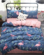 2-спальное постельное белье из сатина Синее с фламинго
