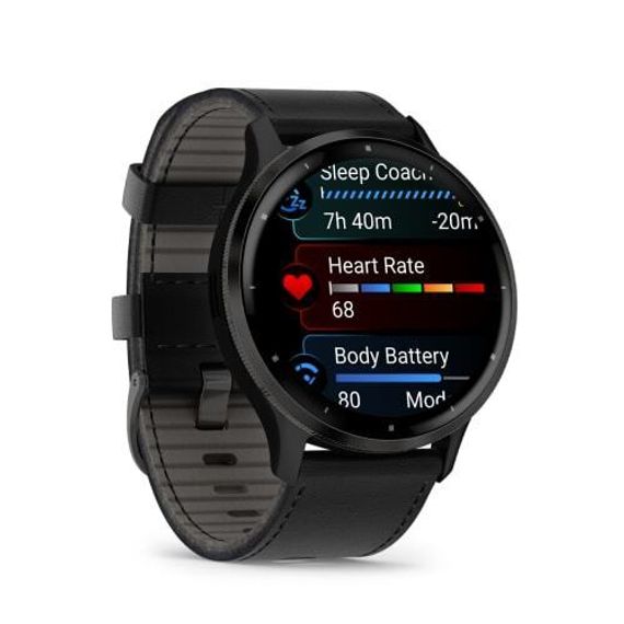 Умные часы Garmin Venu 3 черные с серым безелем и кожаным ремешком