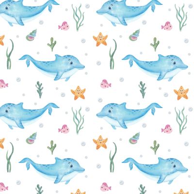 Милые дельфины, акварельный паттерн