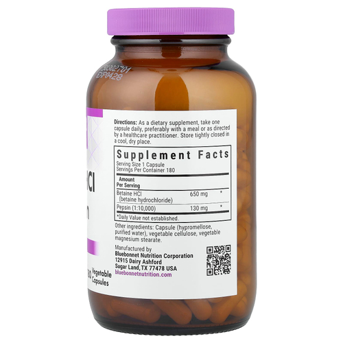 Bluebonnet Nutrition, Бетаина гидрохлорид, с пепсином, 180 растительных капсул