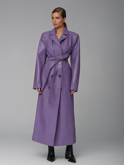 Женский кожаный лиловый плащ с поясом