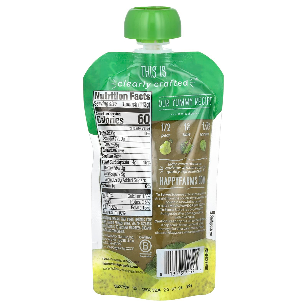 Happy Family Organics, Органическое детское питание, этап 2, Clearly Crafted, груши, капуста и шпинат, для детей от 6 месяцев, 113 г (4 унции)