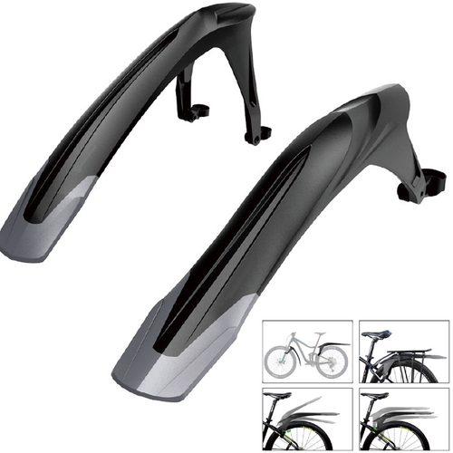 Крылья EVOLUTION MTB 24-29", комплект передне/заднее, крепеж: переднее двусоставное на штаны вилки и в шток вилки, заднее на верхние перья рамы; для покрышки max 2.5", пластиковые, серо-черные