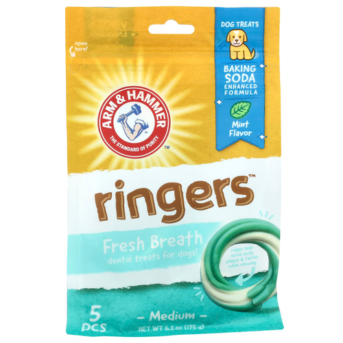Arm & Hammer, Ringers, лакомство для свежести дыхания для зубов собак, средний, мята, 5 шт., 175 г (6,2 унции)